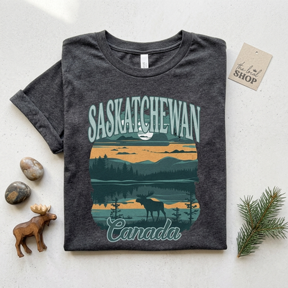 Vintage Saskatchewan Canada Shirt | Retro Moose & Lake Graphic Tee | Canadian Nature Lover Gift | Outdoorsy Camping T-Shirt
