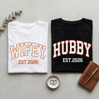 Wifey Hubby Est 2026 Shirt Set, Personalized New Year Wedding Gift, Matching Couple Tees, Custom Anniversary Date Shirts, Honeymoon Apparel, Retro Collegiate Style Bride Groom Gifts