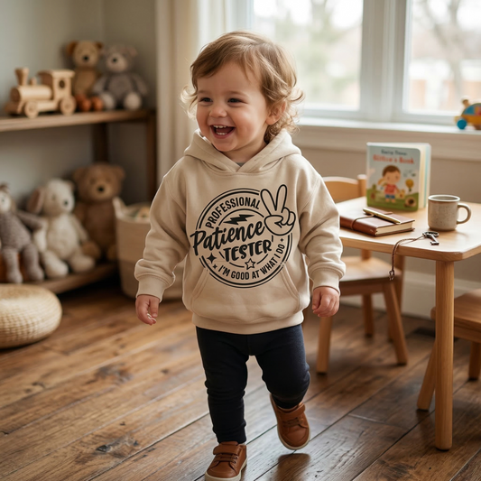 Professional Patience Tester Toddler Hoodie | Funny Kids Retro Sweatshirt | Sassy Toddler Pullover | Trendy Neutral Kids Clothe