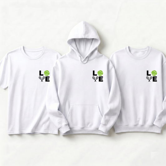 Custom Tennis LOVE Sweatshirt, Minimalist Tennis Ball Hoodie, Personalized T-Shirt, Tennis Team Apparel, Cute Tennis Gift for Her or Him
