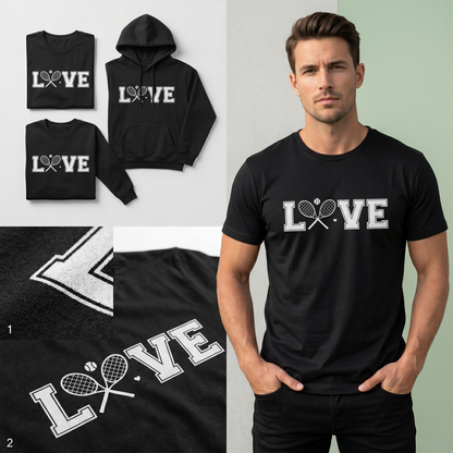 Custom Crossed Rackets Tennis Hoodie, LOVE Tennis Sweatshirt & T-Shirt | Personalized Tennis Team Apparel | Gift for Tennis Player