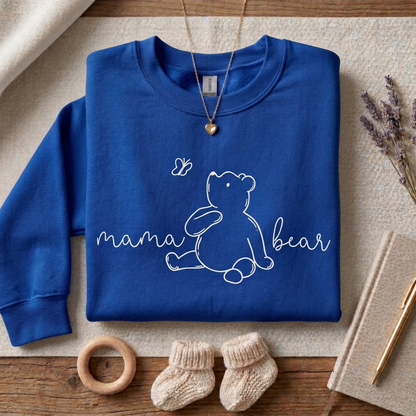 Mama Bear Sweatshirt – Hand-Drawn Bear Butterfly Illustration, Cozy Pullover for New Moms