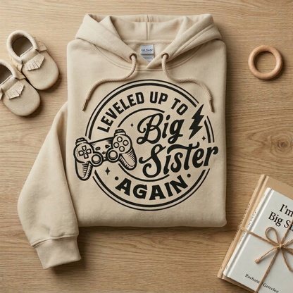 Leveled Up to Big Sister Again Hoodie | Gamer Girl Sibling Announcement | Retro 3rd Baby Reveal Sweatshirt | Trendy Big Sis Pullover