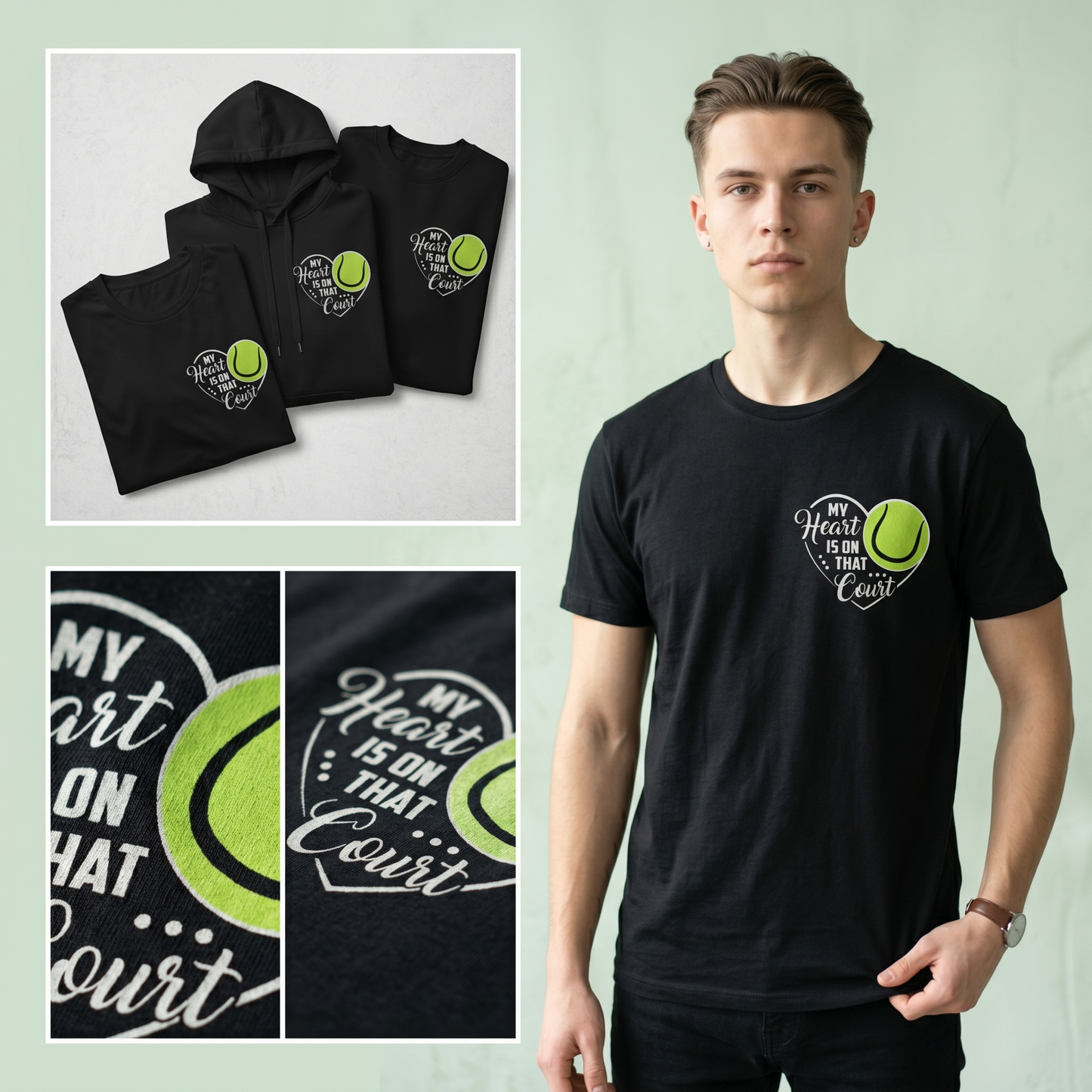 Custom My Heart is on That Court Tennis Hoodie, Tennis Mom Sweatshirt & T-Shirt | Personalized Tennis Player Gift | Cute Tennis Team Apparel
