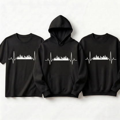 Custom City Skyline Heartbeat Hoodie, Personalized Sweatshirt, Minimalist City Silhouette Shirt, Travel Lover Gift, Any City Skyline Tee