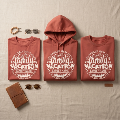 Custom Family Name Vacation 2025 Shirts, Personalized Mountain Memories Matching Hoodies, 2026 Family Trip Sweatshirts