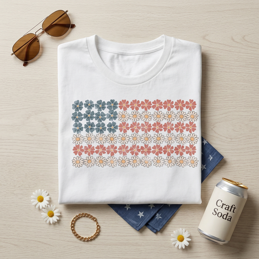 Retro Daisy American Flag Shirt, Boho Floral USA Flag Tee, Fourth of July Floral Shirt, 4th of July Outfit for Women, Vintage Patriotic Flower Tshirt, Memorial Day Tee, Custom USA Floral Apparel