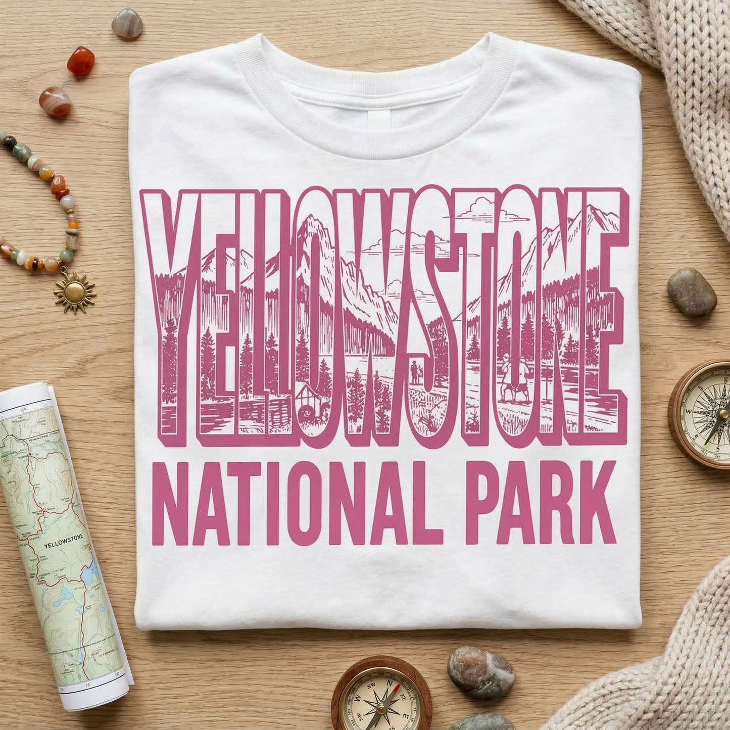 Yellowstone National Park Shirt | Vintage Mountain Landscape Tee | Retro Block Letter Nature T-Shirt | Hiking Camping Outdoorsy Apparel