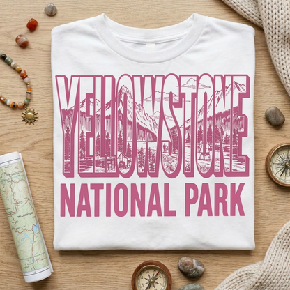 Yellowstone National Park Shirt | Vintage Mountain Landscape Tee | Retro Block Letter Nature T-Shirt | Hiking Camping Outdoorsy Apparel