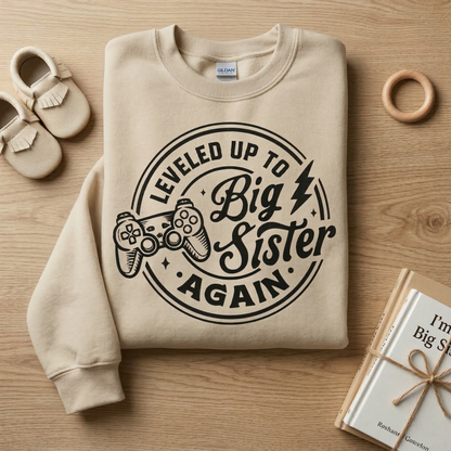 Leveled Up to Big Sister Again Hoodie | Gamer Girl Sibling Announcement | Retro 3rd Baby Reveal Sweatshirt | Trendy Big Sis Pullover