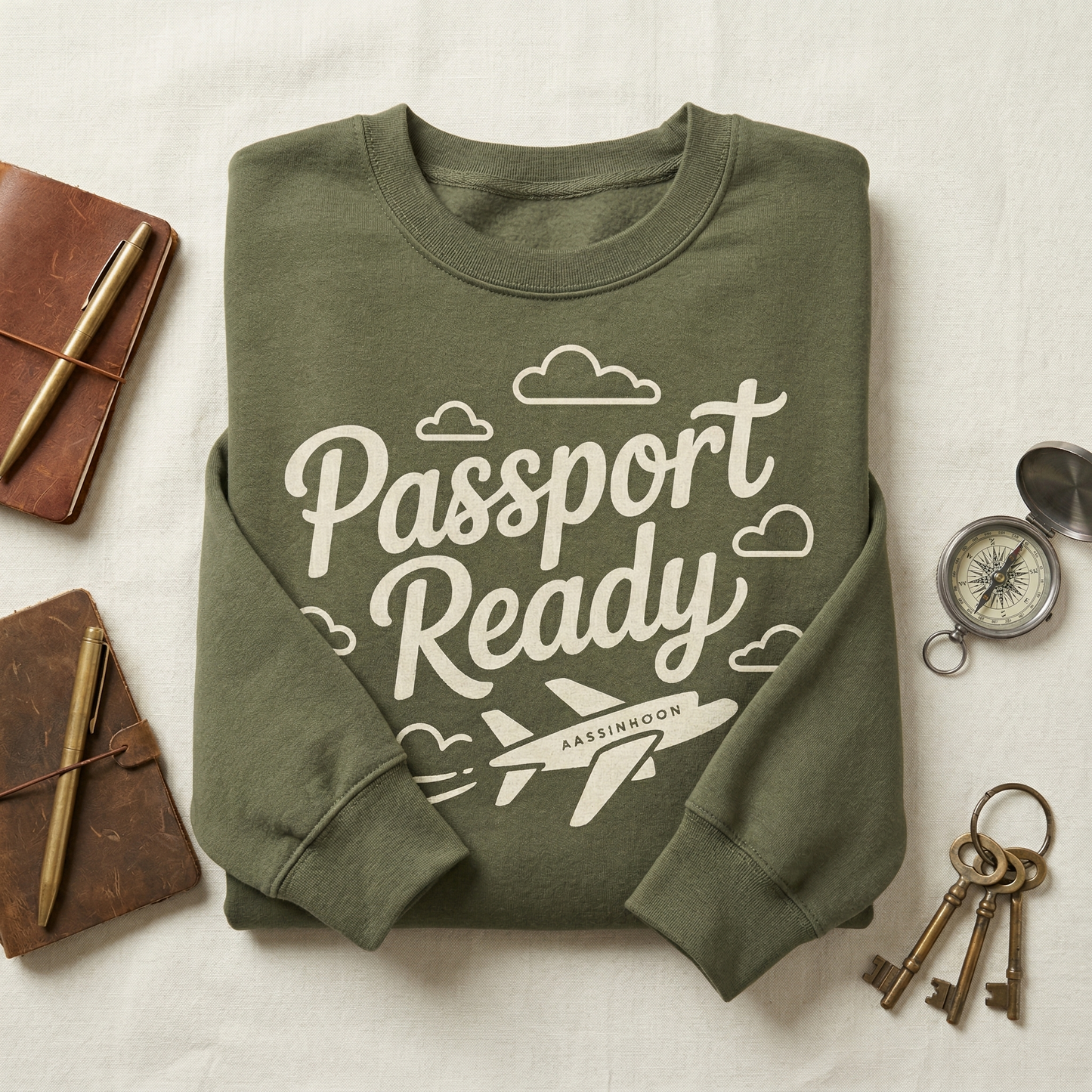 Passport Ready T-Shirt, Custom Travel Shirt, Airplane Graphic Tee, Retro Wanderlust Top, Adventure Seeker Gift, Olive Green Vacation Shirt