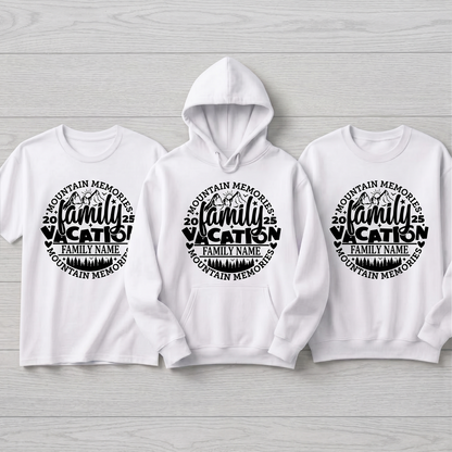 Custom Family Name Vacation 2025 Shirts, Personalized Mountain Memories Matching Hoodies, 2026 Family Trip Sweatshirts