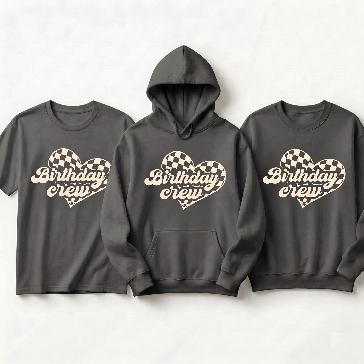 Personalized Birthday Party Sweatshirt, Matching Birthday Trip Shirts, Groovy Heart Birthday Crew Tee, Checkered Birthday Squad Outfits
