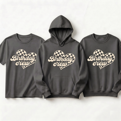 Personalized Birthday Party Sweatshirt, Matching Birthday Trip Shirts, Groovy Heart Birthday Crew Tee, Checkered Birthday Squad Outfits