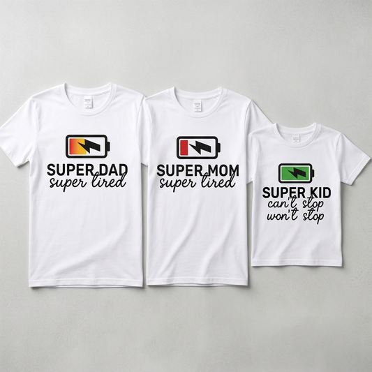 Funny Matching Family Shirts, Super Dad Super Mom Super Kid Battery Set, Tired Parents Shirt, Energetic Kid Tee, Custom Family Gift, New Parent Birthday Gift, Toddler Family Outfits