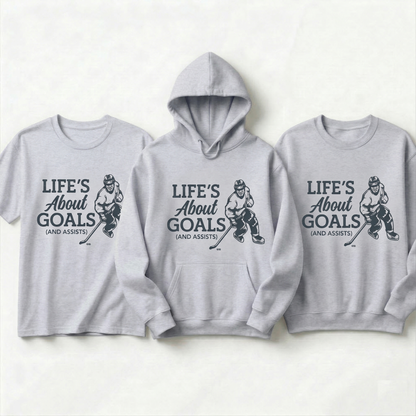 Custom Hockey Hoodie, Life's About Goals and Assists Sweatshirt, Personalized Hockey Player Gift, Custom Name Hockey Pullover