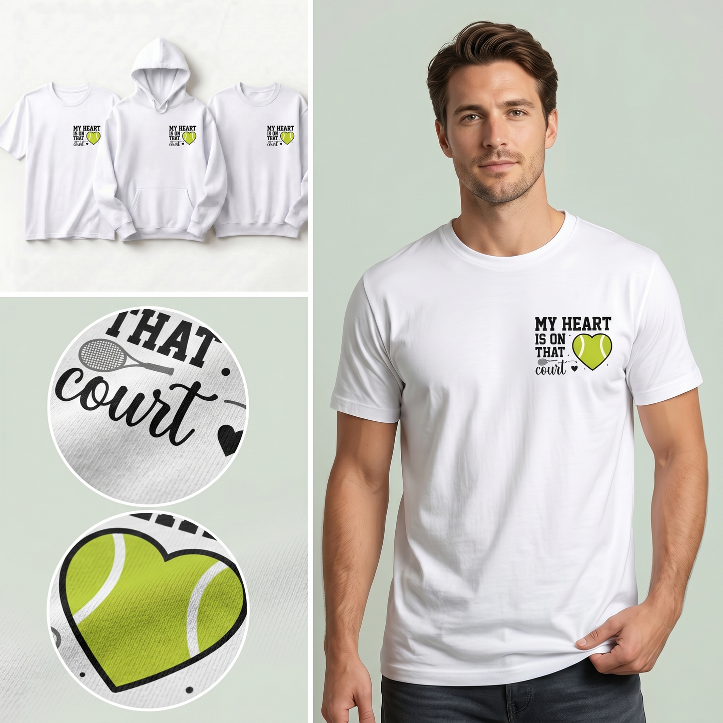 Custom My Heart is on That Court Hoodie, Personalized Tennis Mom Shirt, Tennis Player Gift, Game Day Tennis Sweatshirt, Sports Mom Apparel