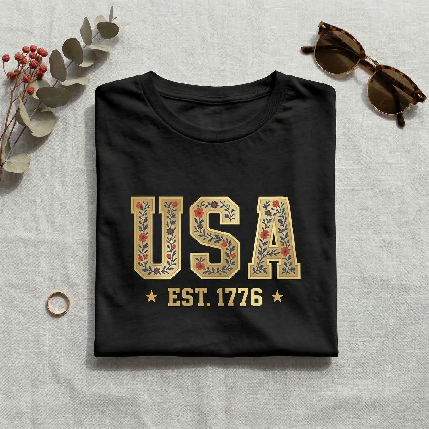 Floral USA Shirt | Vintage Americana T-Shirt | Boho 4th of July Tee | Est 1776 Patriotic Shirt | Cute Summer Graphic Tee for Women