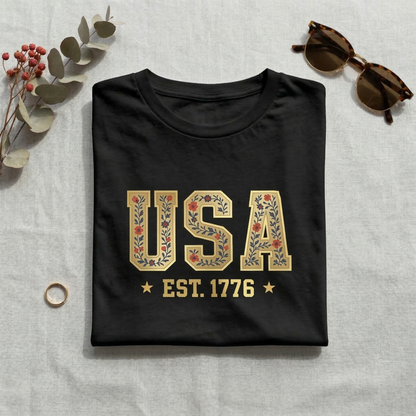 Floral USA Shirt | Vintage Americana T-Shirt | Boho 4th of July Tee | Est 1776 Patriotic Shirt | Cute Summer Graphic Tee for Women