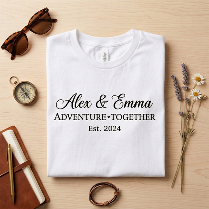 Custom Couple Shirt, Personalized Anniversary T-Shirt, Adventure Together Est 2024, Custom Names Date Shirt, Wedding Gift, Engagement Tee