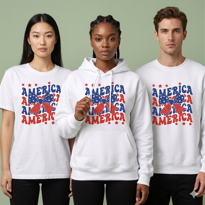 Custom Retro America Bow Hoodie, Personalized Patriotic Coquette Sweatshirt, American Flag Ribbon Gift, Custom USA Vacation Apparel