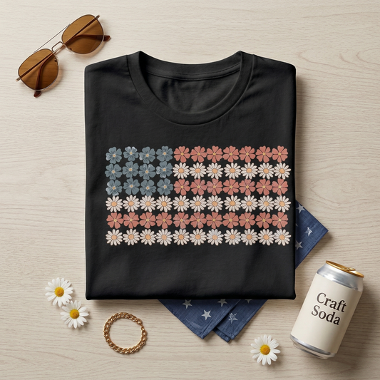 Retro Daisy American Flag Shirt, Boho Floral USA Flag Tee, Fourth of July Floral Shirt, 4th of July Outfit for Women, Vintage Patriotic Flower Tshirt, Memorial Day Tee, Custom USA Floral Apparel