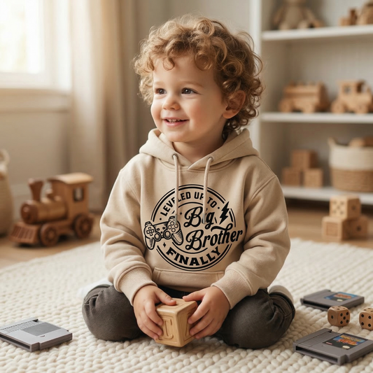 Leveled Up to Big Brother Finally Hoodie | Gamer Sibling Announcement Sweatshirt | Big Bro Pullover | New Baby Arrival Announcement Shirt