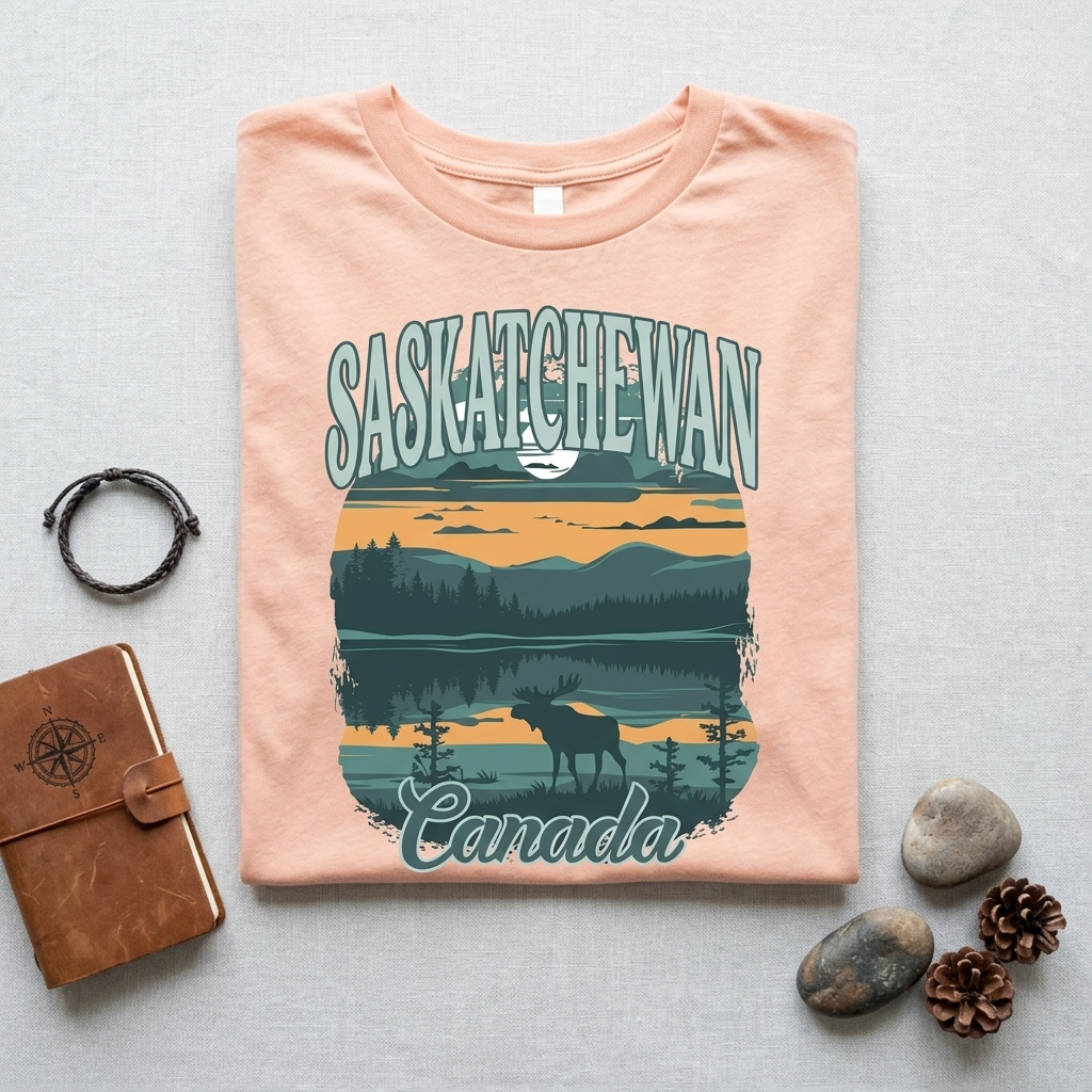 Vintage Saskatchewan Canada Shirt | Retro Moose & Lake Graphic Tee | Canadian Nature Lover Gift | Outdoorsy Camping T-Shirt