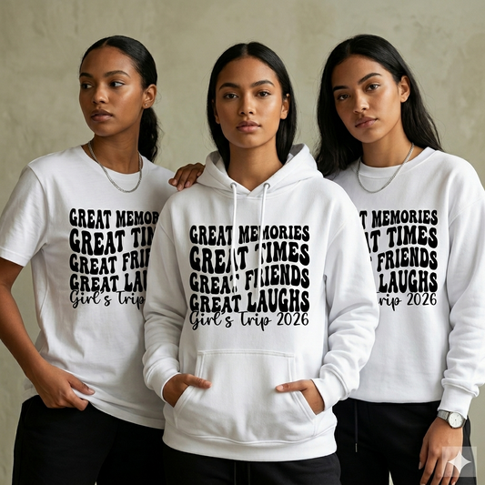 Custom Girls Trip 2026 Shirt, Great Memories Great Times Retro Sweatshirt, Personalized Matching Vacation Hoodie, Girls Weekend Group Tee