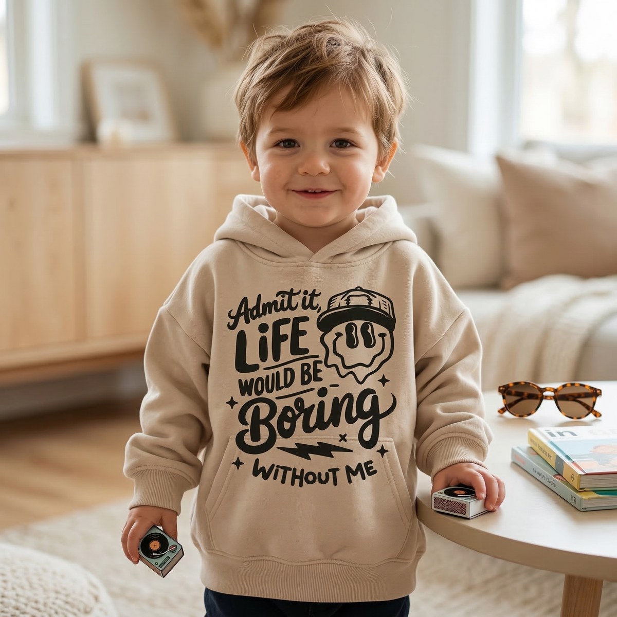 Admit It Life Would Be Boring Without Me Toddler Hoodie | Funny Retro Kids Sweatshirt | Trendy Melting Smiley Face Pullover