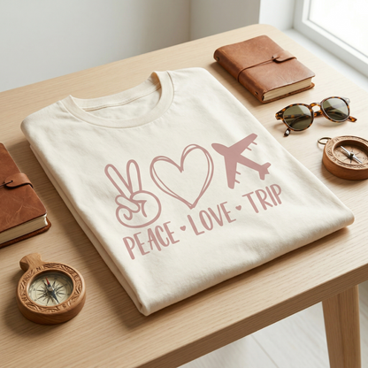 Custom Peace Love Trip Shirt, Vacation T-Shirt , Wanderlust Tee, Airplane Shirt, Road Trip Top, Girls Trip Matching Shirt, Gift for Traveler