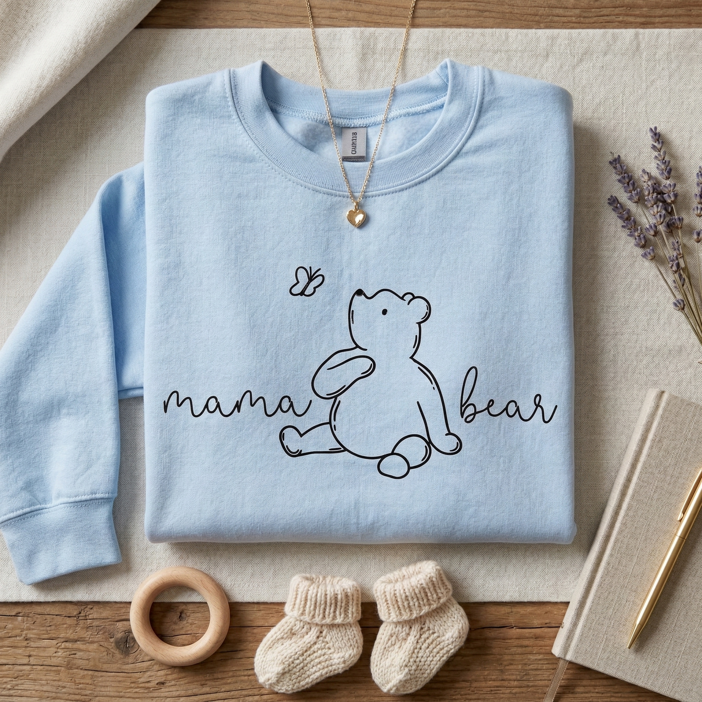 Mama Bear Sweatshirt – Hand-Drawn Bear Butterfly Illustration, Cozy Pullover for New Moms