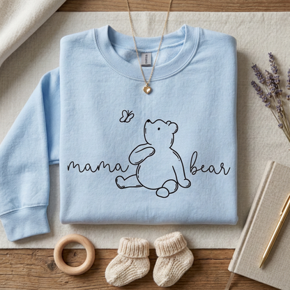 Mama Bear Sweatshirt – Hand-Drawn Bear Butterfly Illustration, Cozy Pullover for New Moms