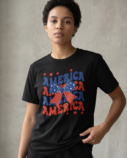 Custom Retro America Bow Hoodie, Personalized Patriotic Coquette Sweatshirt, American Flag Ribbon Gift, Custom USA Vacation Apparel