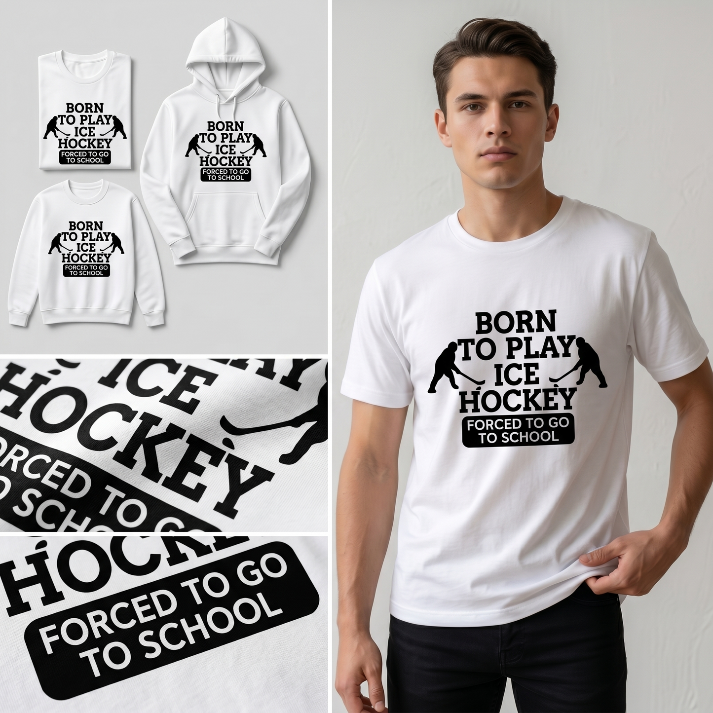 Custom Hockey Hoodie , Born To Play Ice Hockey Forced To Go To School Shirt, Personalized Hockey Player Sweatshirt, Funny Hockey Youth Gift