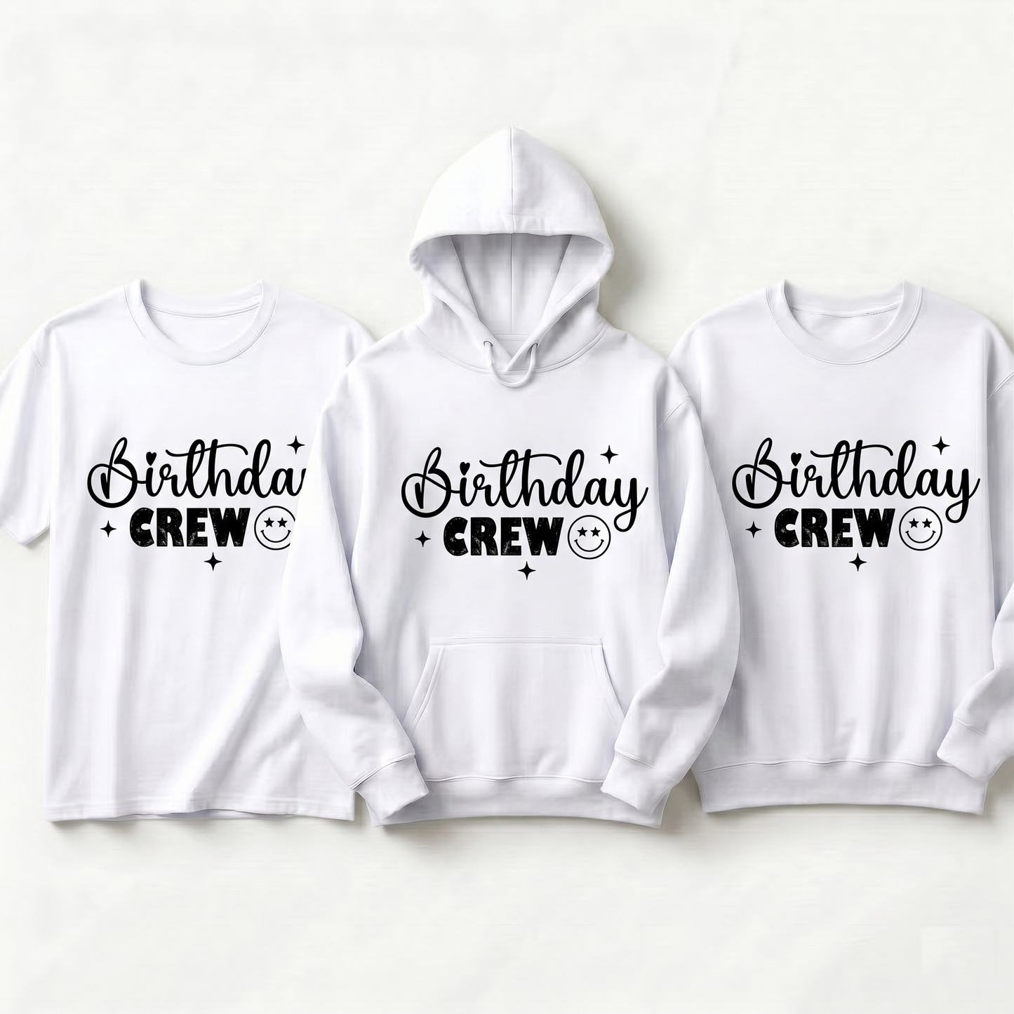 Custom Retro Birthday Crew Hoodie, Groovy Birthday Squad Sweatshirt, Personalized Smiley Face Birthday T-Shirt, Trendy Birthday Party Shirts