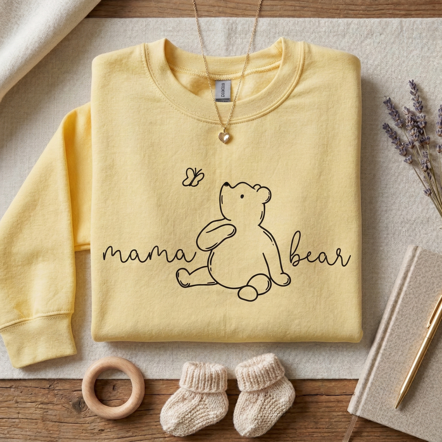 Mama Bear Sweatshirt – Hand-Drawn Bear Butterfly Illustration, Cozy Pullover for New Moms