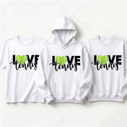 Custom LOVE Tennis Heart Hoodie, Tennis Ball Sweatshirt & T-Shirt | Personalized Tennis Team Gift | Cute Tennis Mom Shirt, Coach Gift