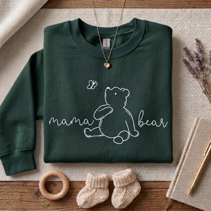 Mama Bear Sweatshirt – Hand-Drawn Bear Butterfly Illustration, Cozy Pullover for New Moms