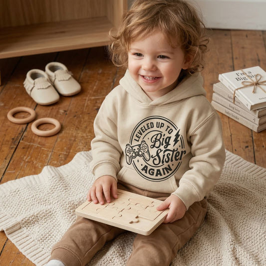 Leveled Up to Big Sister Again Hoodie | Gamer Girl Sibling Announcement | Retro 3rd Baby Reveal Sweatshirt | Trendy Big Sis Pullover