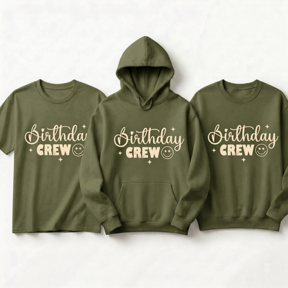 Custom Retro Birthday Crew Hoodie, Groovy Birthday Squad Sweatshirt, Personalized Smiley Face Birthday T-Shirt, Trendy Birthday Party Shirts