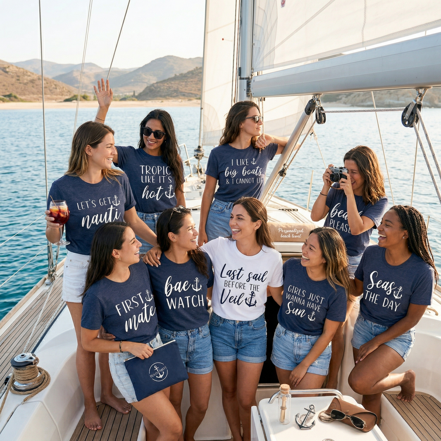 Custom Nautical Bachelorette Shirts, Last Sail Before The Veil Tee, Personalized Boat Party T-Shirt, Funny Sailing Bridesmaid Gifts