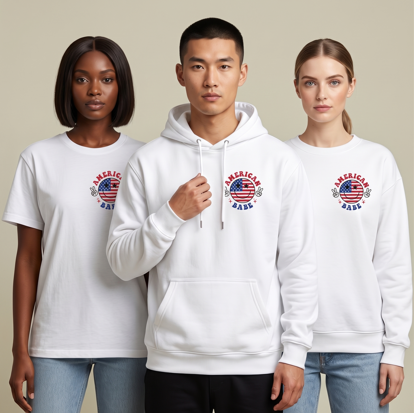 Custom American Babe Shirt, Retro 4th of July Smiley Hoodie, Personalized Patriotic Sweatshirt, Vintage USA Flag Smiley Face Apparel