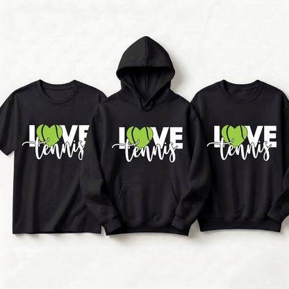 Custom LOVE Tennis Heart Hoodie, Tennis Ball Sweatshirt & T-Shirt | Personalized Tennis Team Gift | Cute Tennis Mom Shirt, Coach Gift