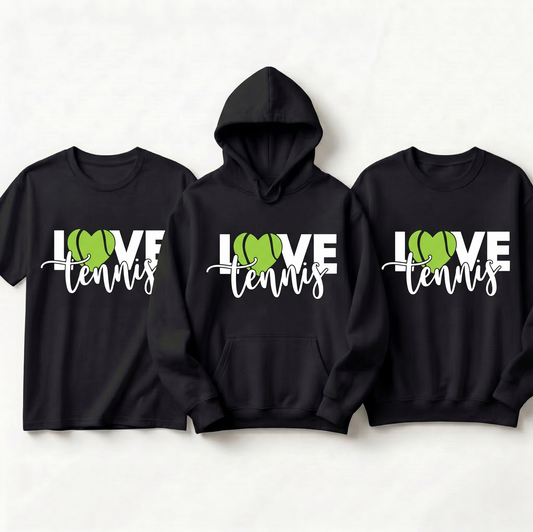 Custom LOVE Tennis Heart Hoodie, Tennis Ball Sweatshirt & T-Shirt | Personalized Tennis Team Gift | Cute Tennis Mom Shirt, Coach Gift