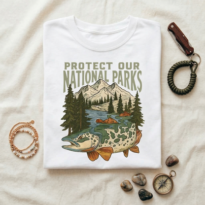 Protect Our National Parks Shirt | Vintage Trout Fish Tee | Mountain Nature Graphic T-Shirt | Outdoor Conservation Hiking Camping Apparel