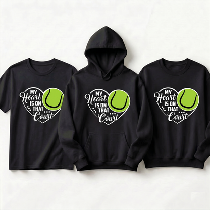 Custom My Heart is on That Court Tennis Hoodie, Tennis Mom Sweatshirt & T-Shirt | Personalized Tennis Player Gift | Cute Tennis Team Apparel