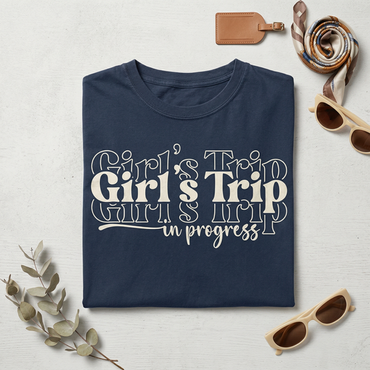 Girl's Trip In Progress Shirt, Custom Bachelorette Party Tee, Retro Weekend Shirt, Personalized Group Vacation Top, Aesthetic Bestie Shirts