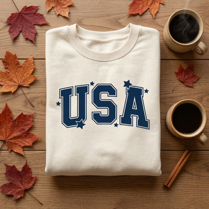 Varsity USA Sweatshirt | Cozy Fall Americana Crewneck | Preppy Retro Pullover | Minimalist Navy & Cream Sweater | Autumn College Style