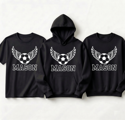 Custom Soccer Shirt with Name, Personalized Flying Soccer Ball Hoodie, Custom Kids Soccer Sweatshirt, Team Sports Apparel, Soccer Boy Gift